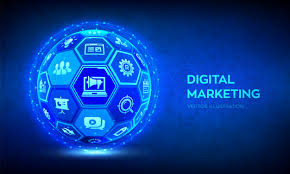 a drawing of different little pictures inside of a ball with the words digital marketing glowing